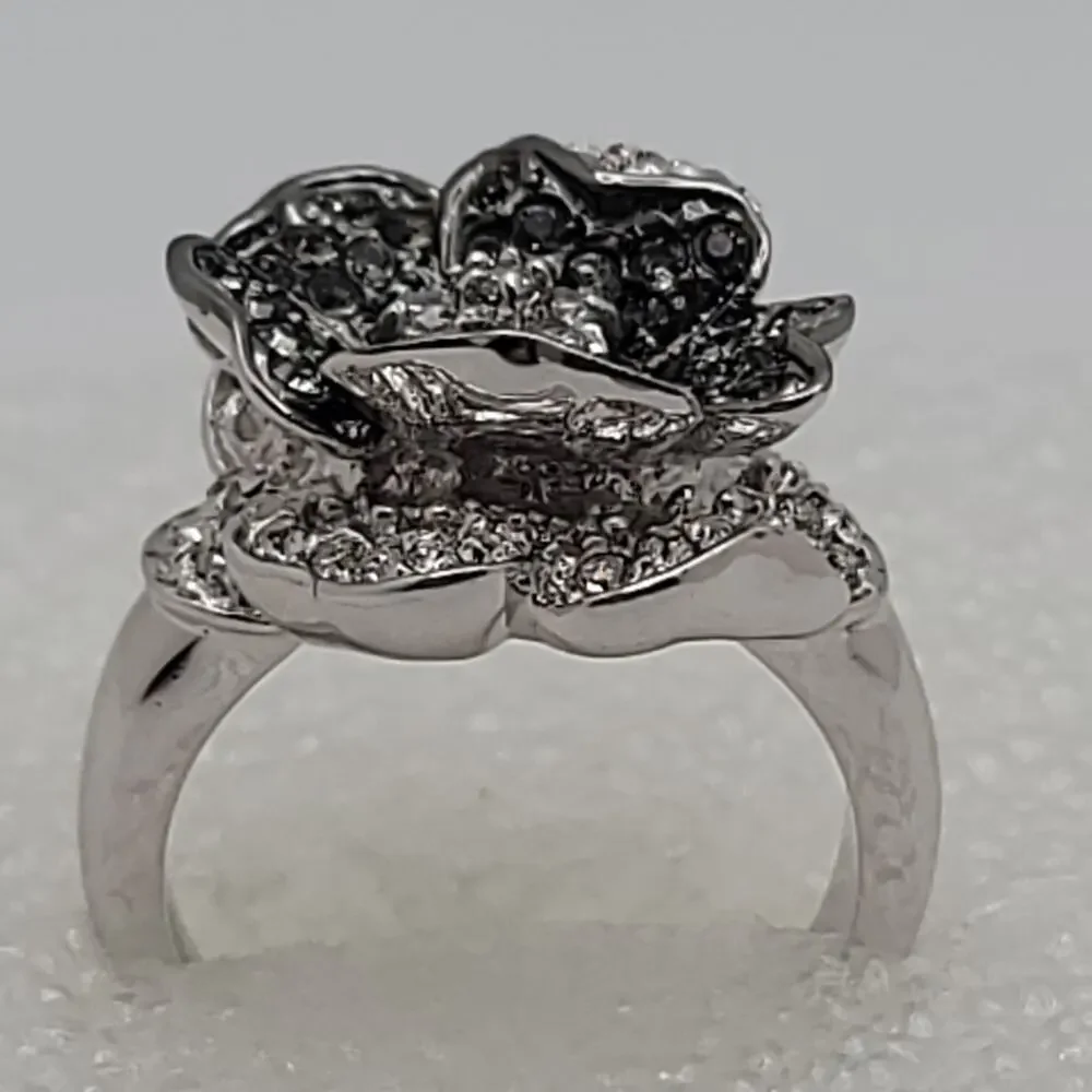 Vintage Nolan Miller Black & Clear Pave Crystal Flower Ring